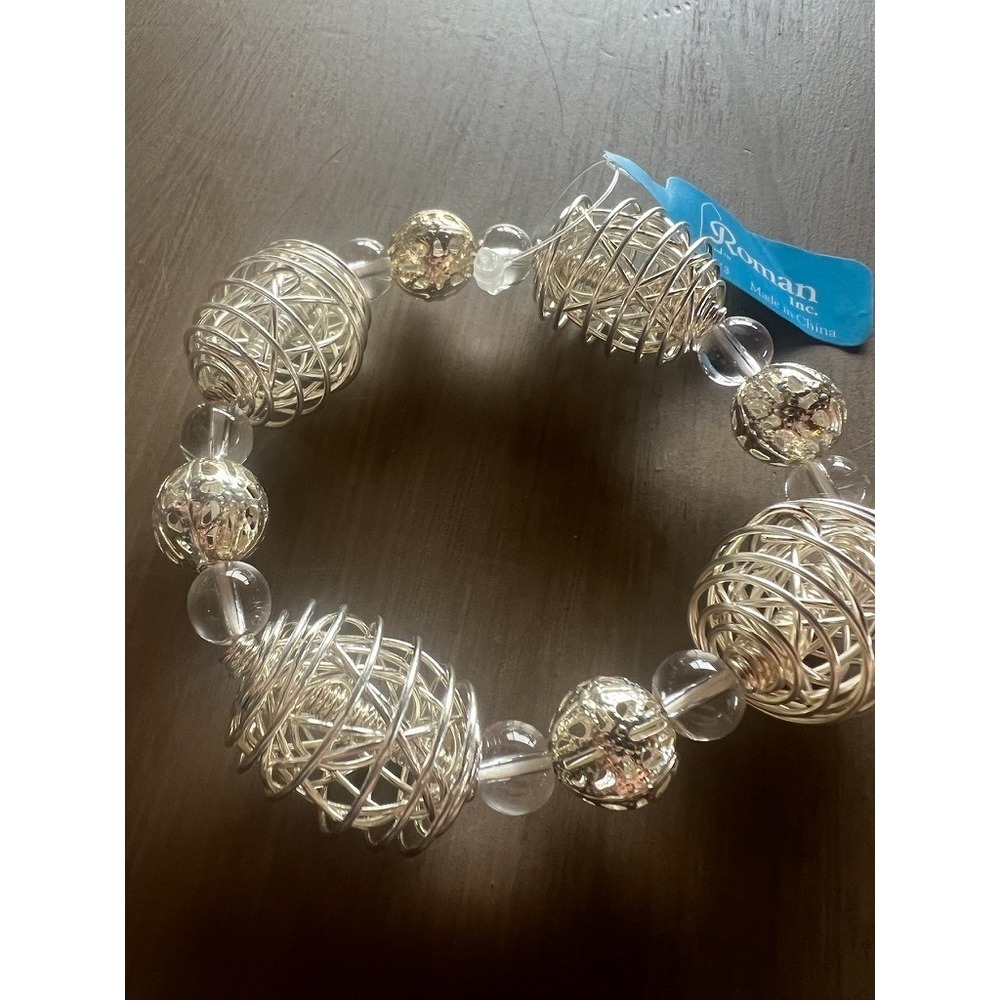 Roman Silver Tone Wire Wrapped Bead‎ Stretch Bracelet Airy Metallic Sculptural